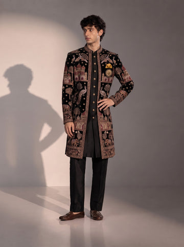 Black Multicolour Heritage Embroidered Silk Indowestern For Men