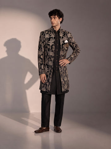 Black Palm Embroidered Silk Indowestern For Men