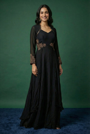 Black Chinnon Embroidered Anarkali Gown