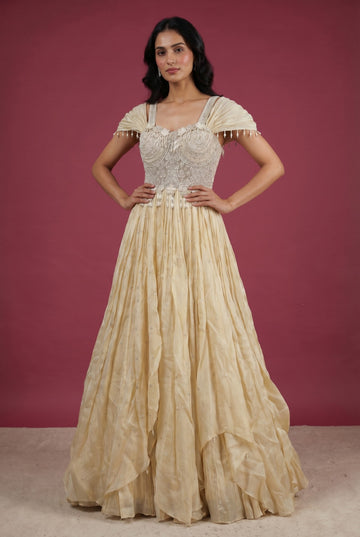 Cream Embroidered Silk Festive Gown