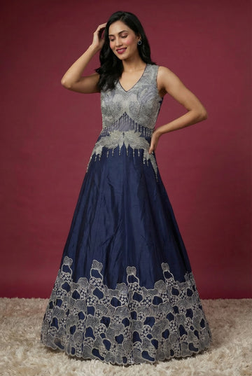 Blue & Silver Embellished Halter-Neck Designer Evening Gown