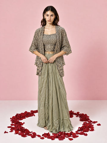 Green Embroidered Indowestern With Drape Skirt & Jacket