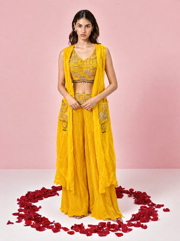 Yellow Embroidered Indo-western With Sleeveless Shrug