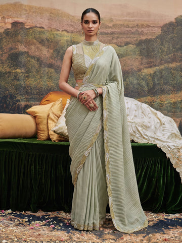 Sage Green Pleated Crepe Ready to Wear Drape Saree with Embroidered Blouse