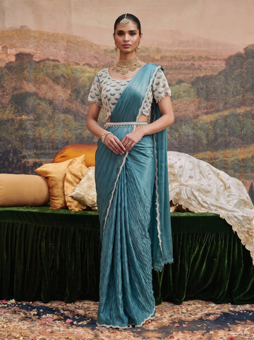 Teal Crepe Ready to Wear Drape Saree with Pearl Embellished Blouse