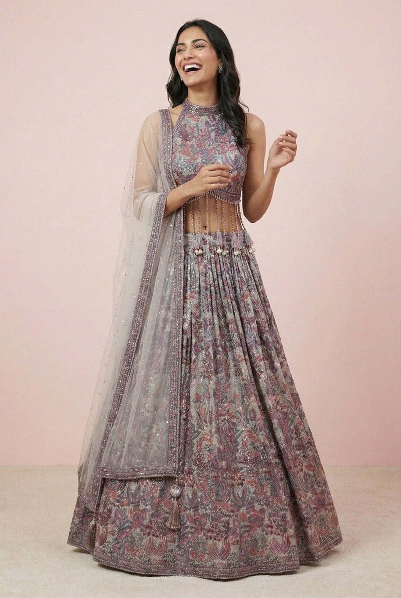 women smiling in a designer lehenga from jaipur