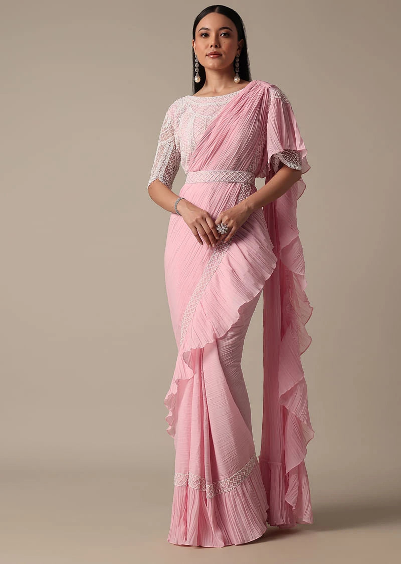 pink drape ruffle saree