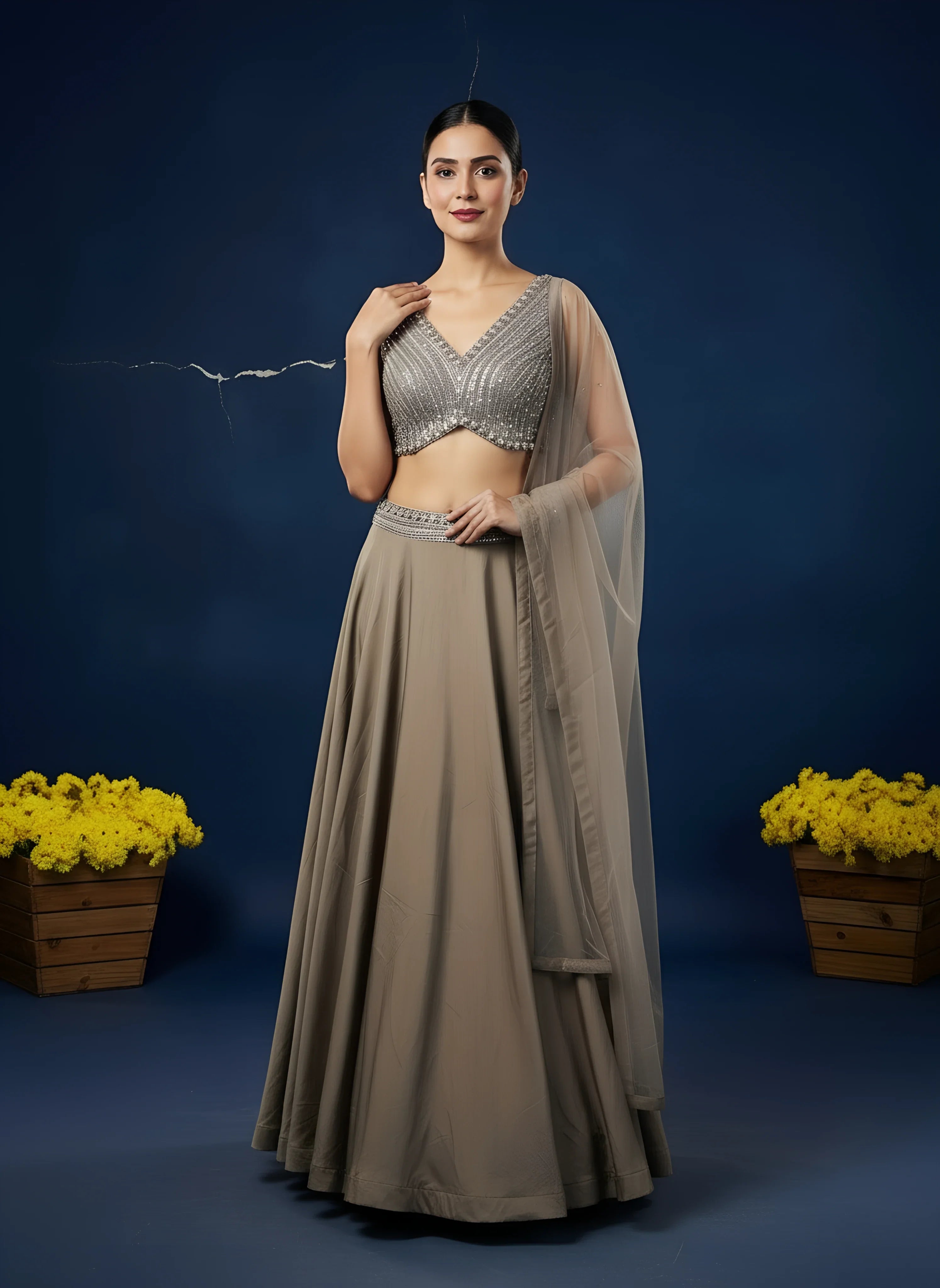 Model wearing Brown Tissue Stylish Lehenga – Daabu Jaipur