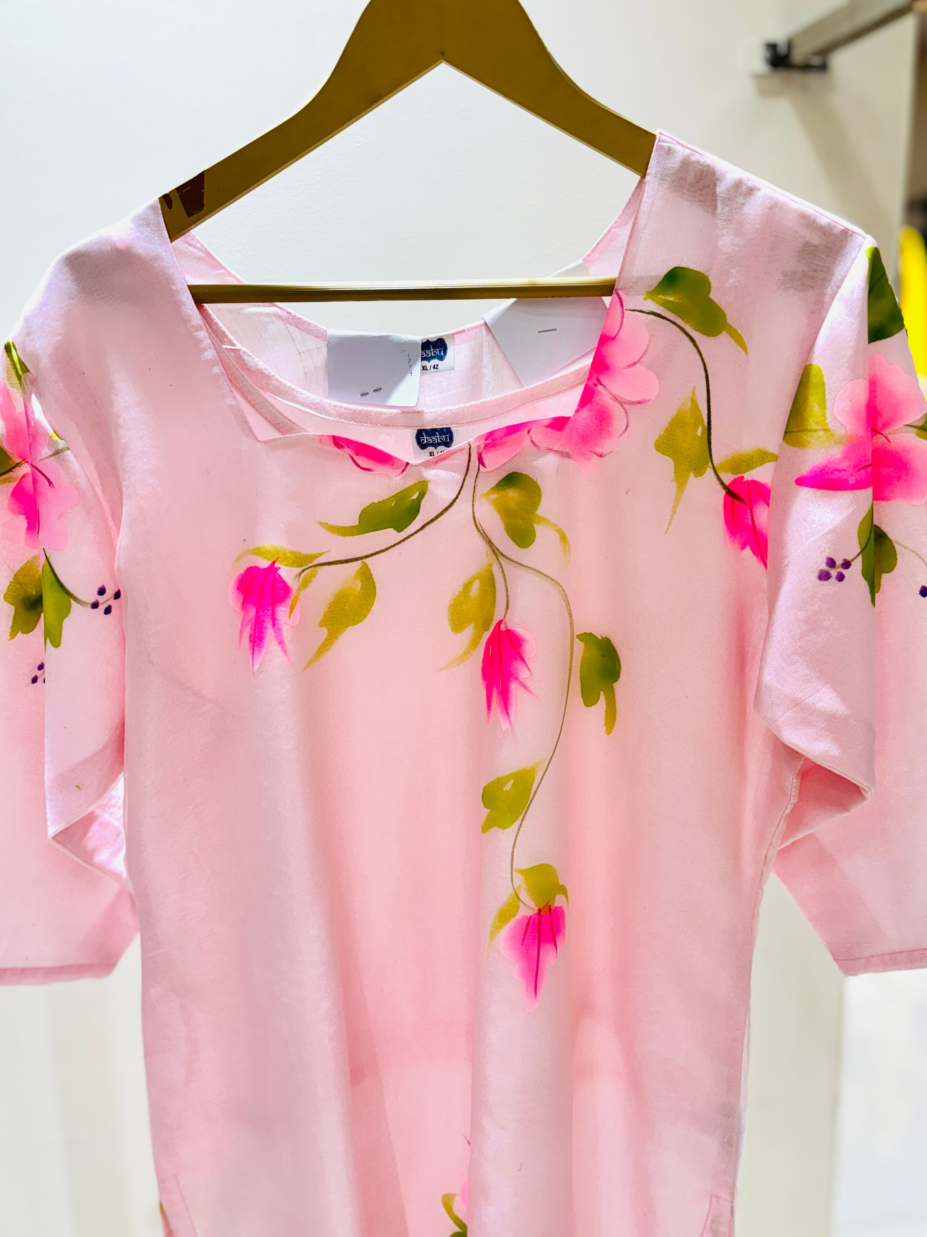 Light Pink Hand Painted Organza Kurti