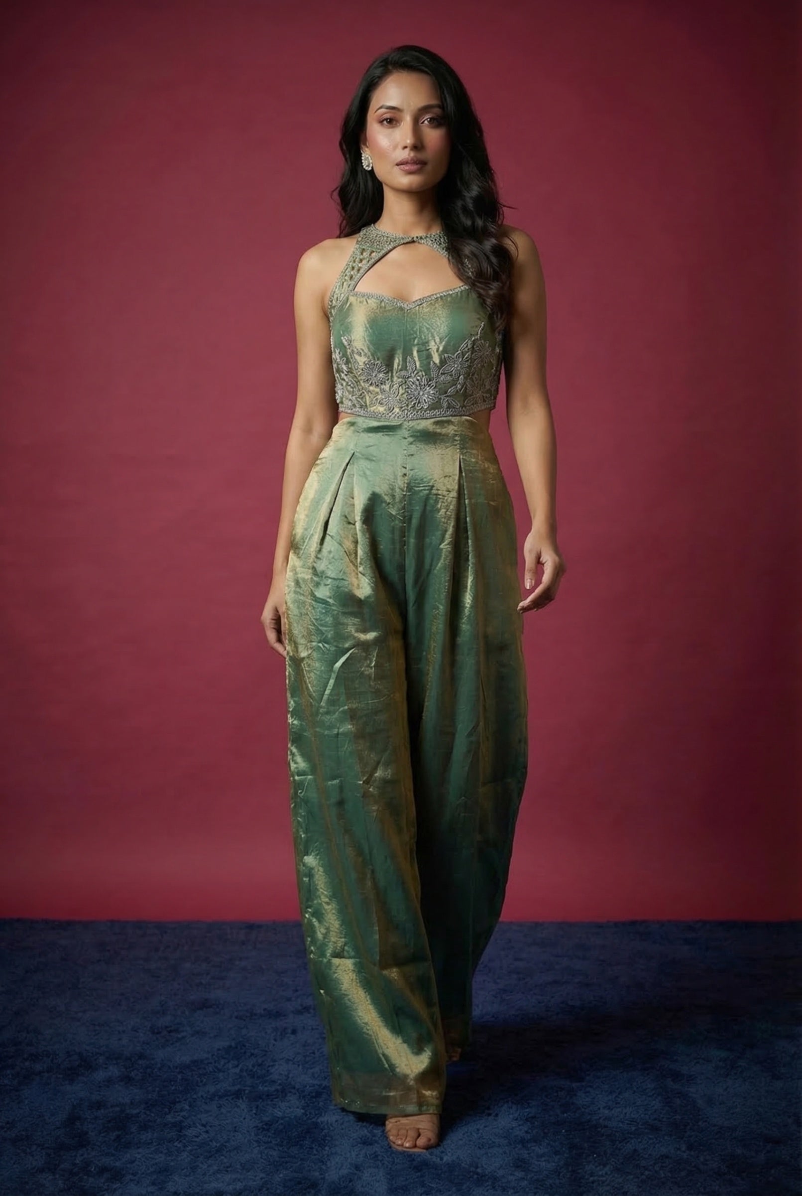 Green Tissue Embroidered Jumpsuit