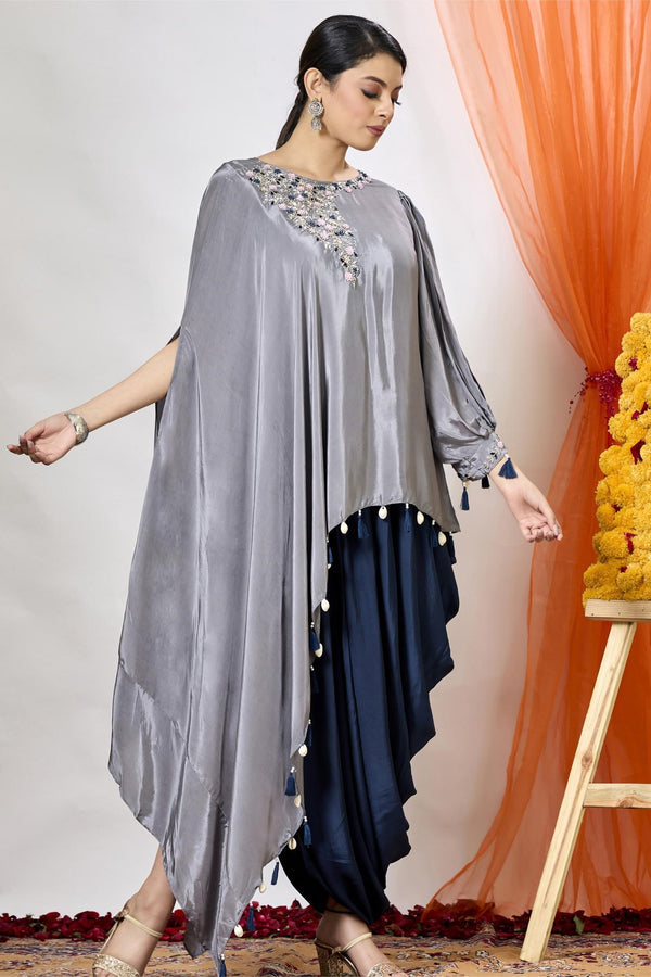 Spanish Grey Embellished Satin Silk Tunic & Dhoti Set