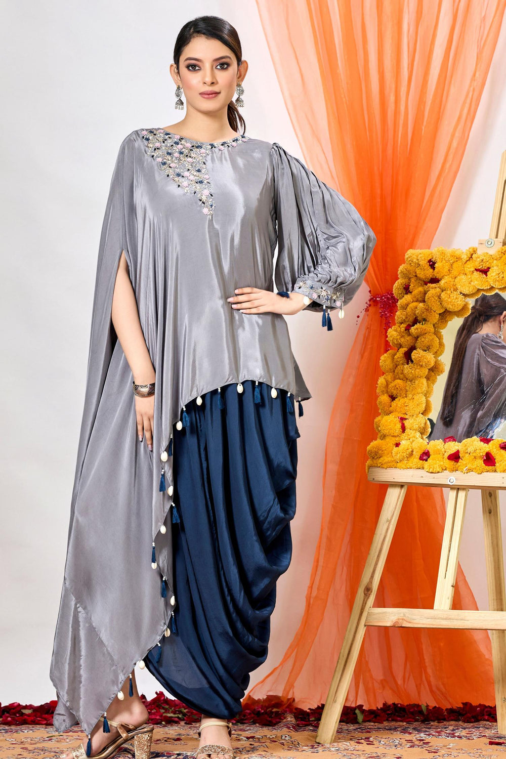 Spanish Grey Embellished Satin Silk Tunic & Dhoti Set