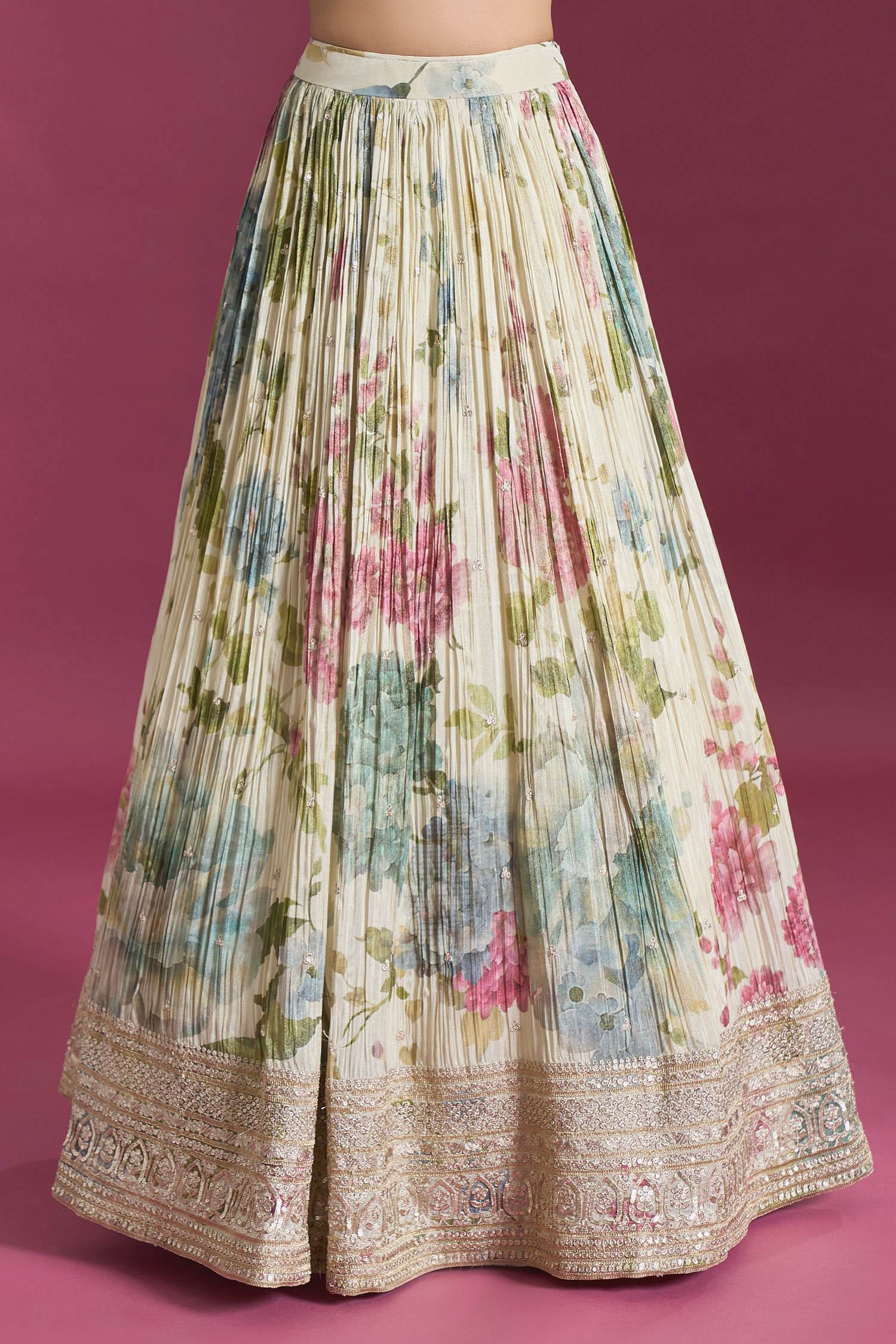 Off White Digital Print  Lehenga With Sweetheart neck Ready Blouse