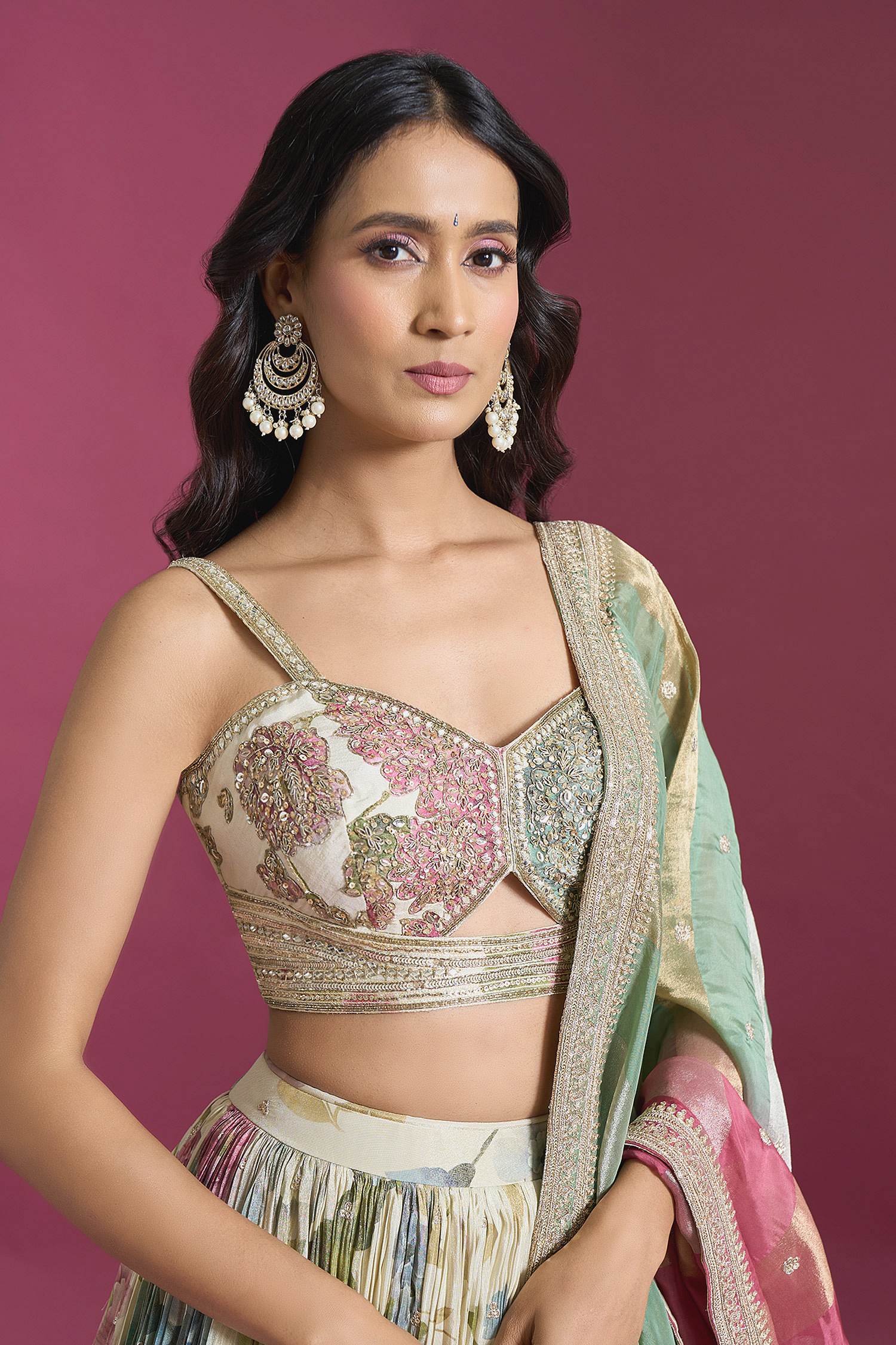 Off White Digital Print  Lehenga With Sweetheart neck Ready Blouse