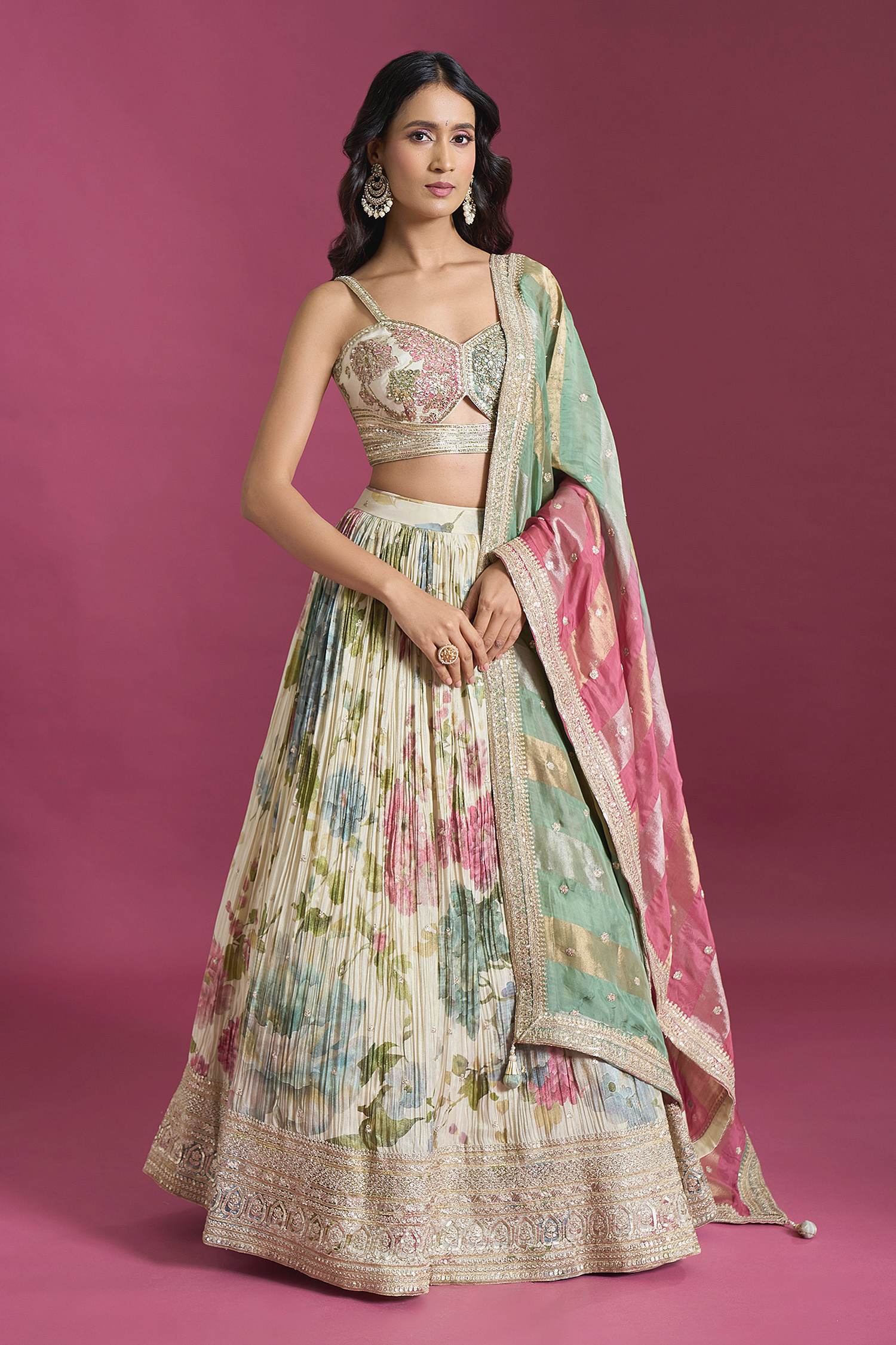 Off White Digital Print  Lehenga With Sweetheart neck Ready Blouse