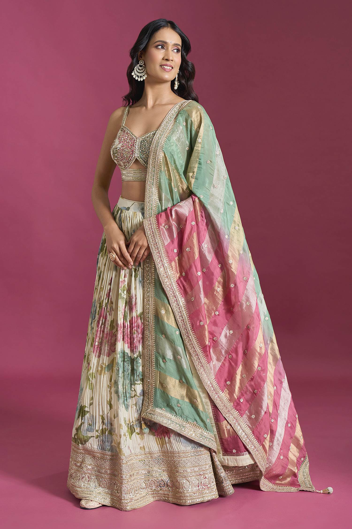 Off White Digital Print  Lehenga With Sweetheart neck Ready Blouse