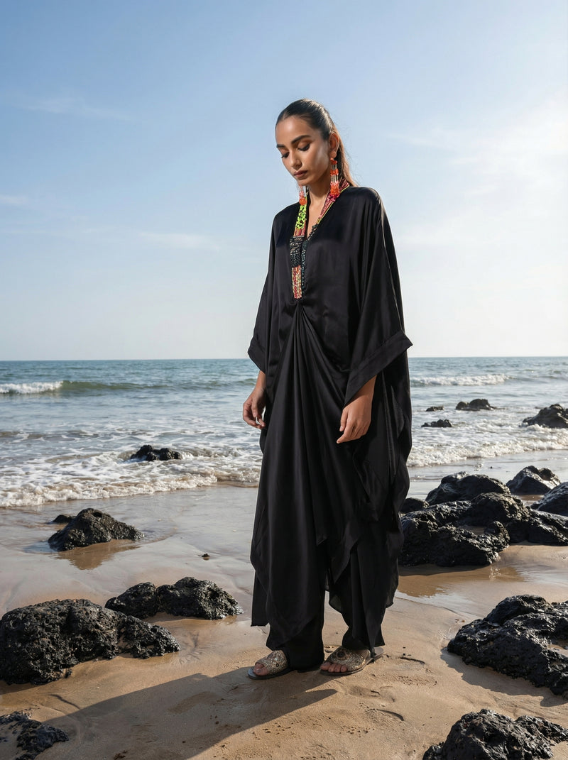 Rich Black Embroidered Drape Kaftan set