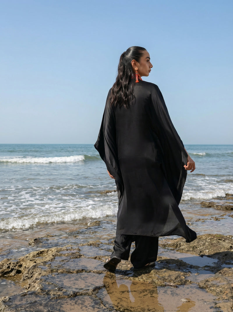 Rich Black Embroidered Drape Kaftan set