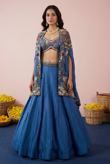 Dark Blue Raw Silk Hand Work Lehenga With Shrug