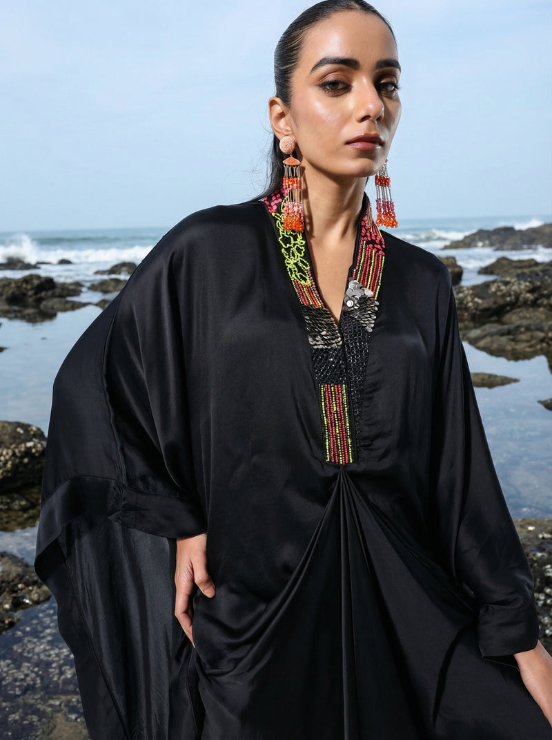 Rich Black Embroidered Drape Kaftan set