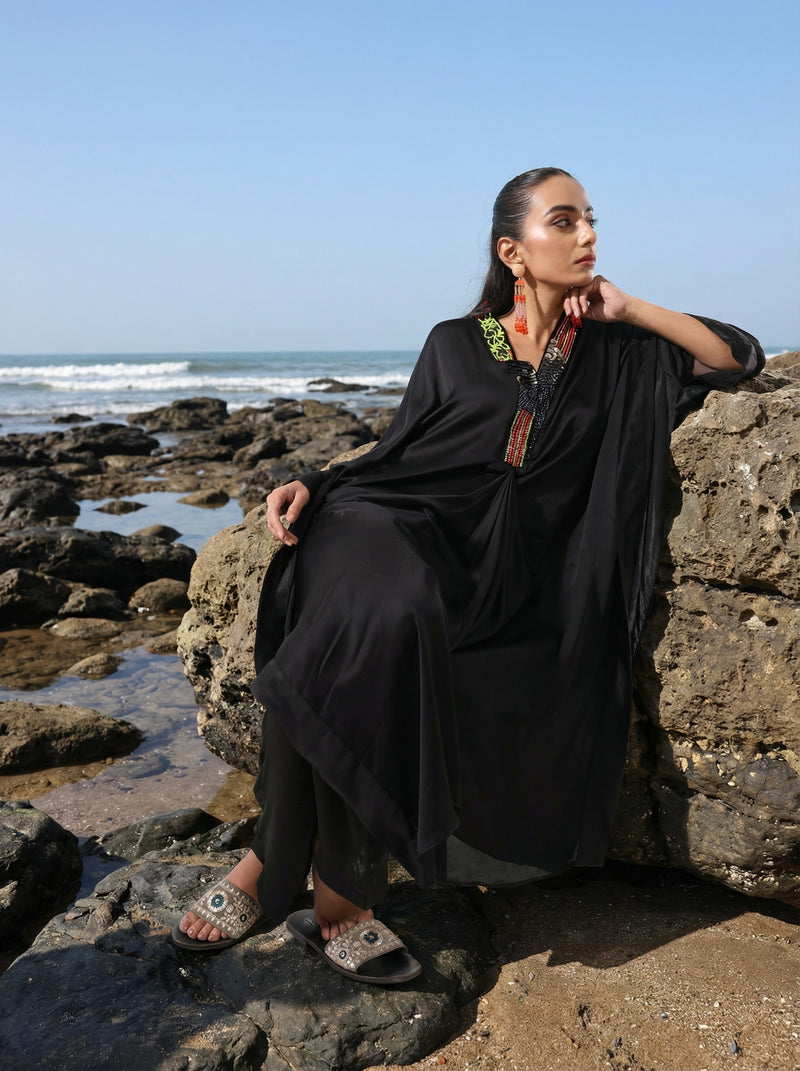 Rich Black Embroidered Drape Kaftan set