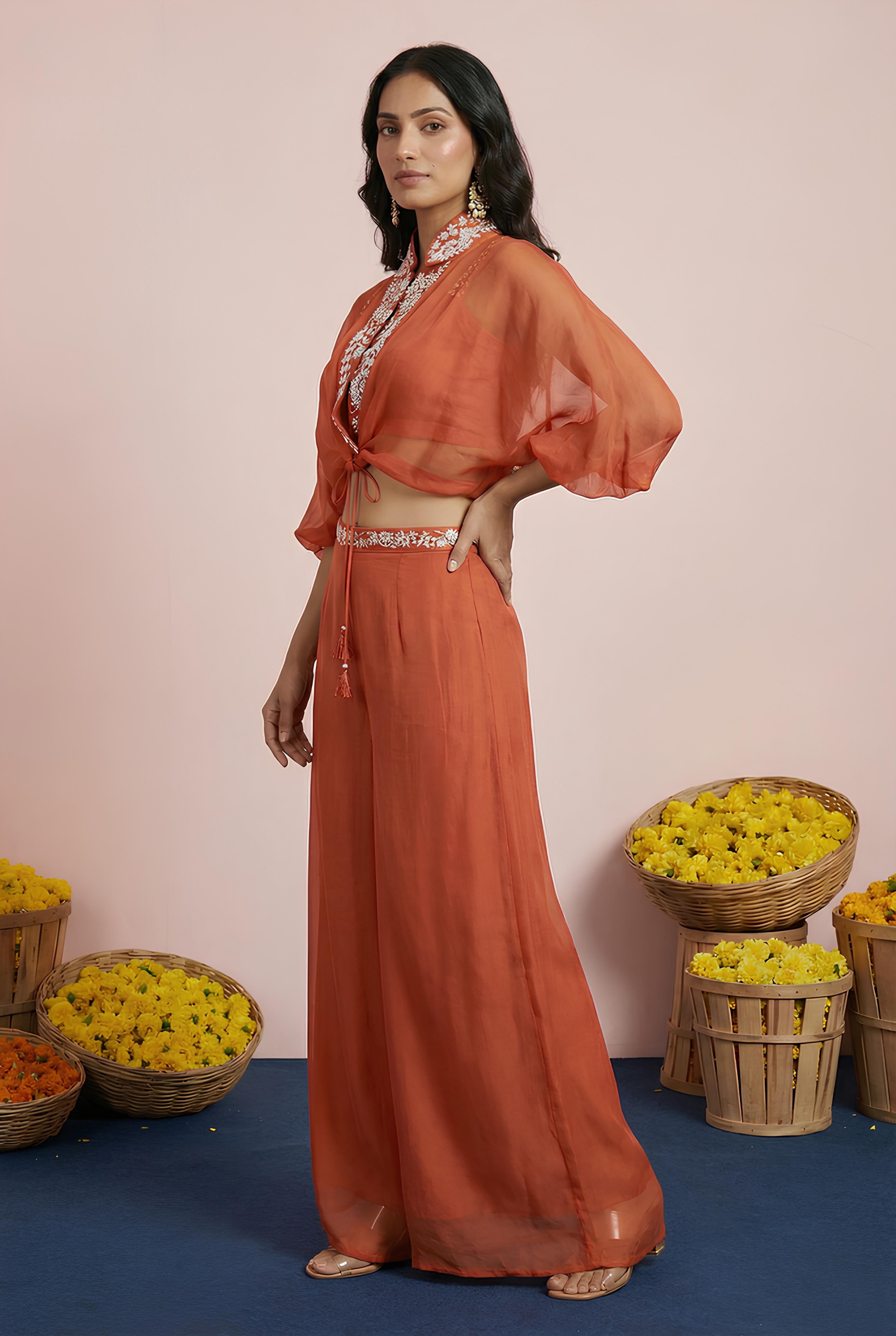 Orange Peplum Top With Palazzo Bottom