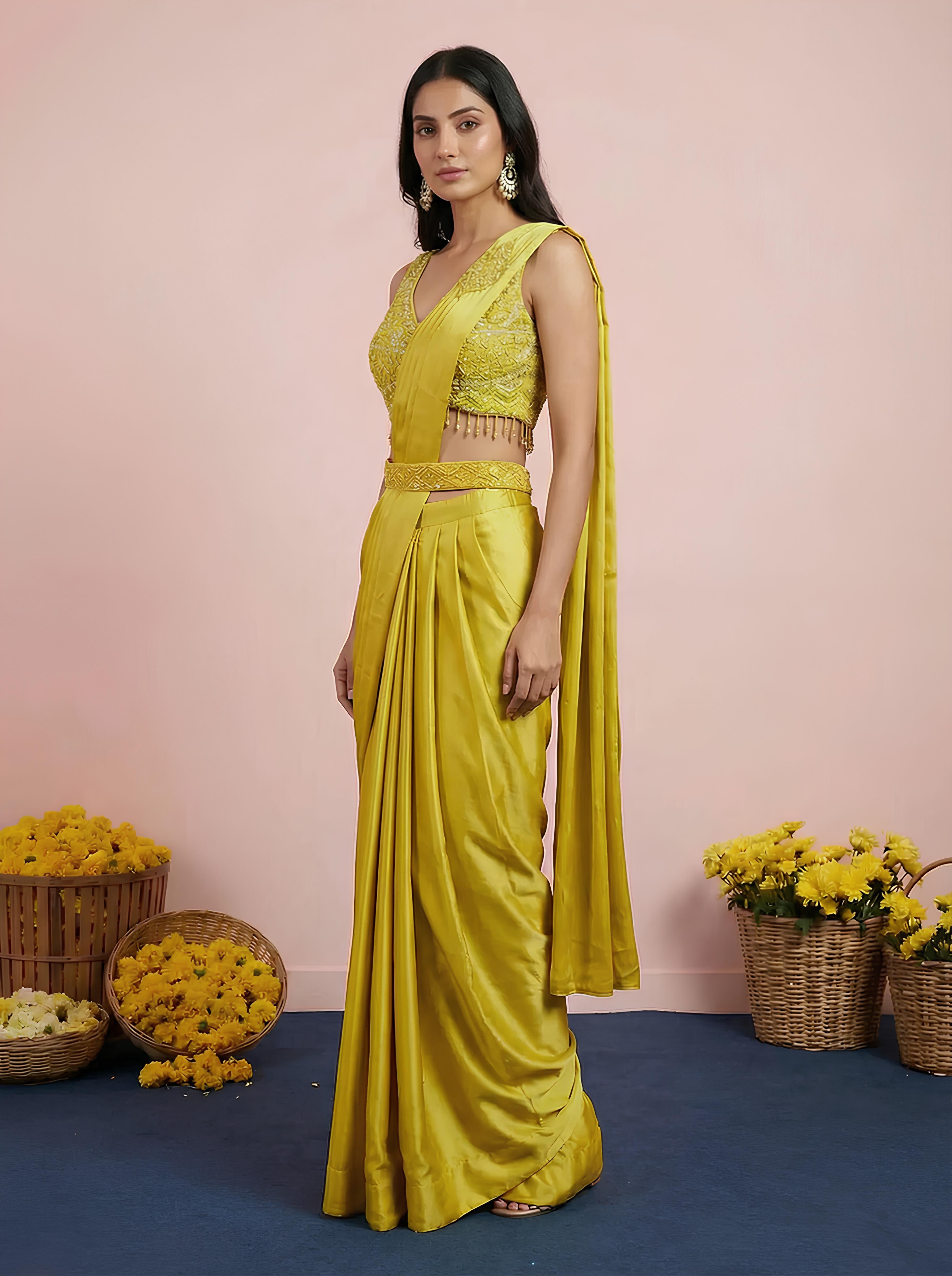 Mint Green Satin Embroidered Drape Saree