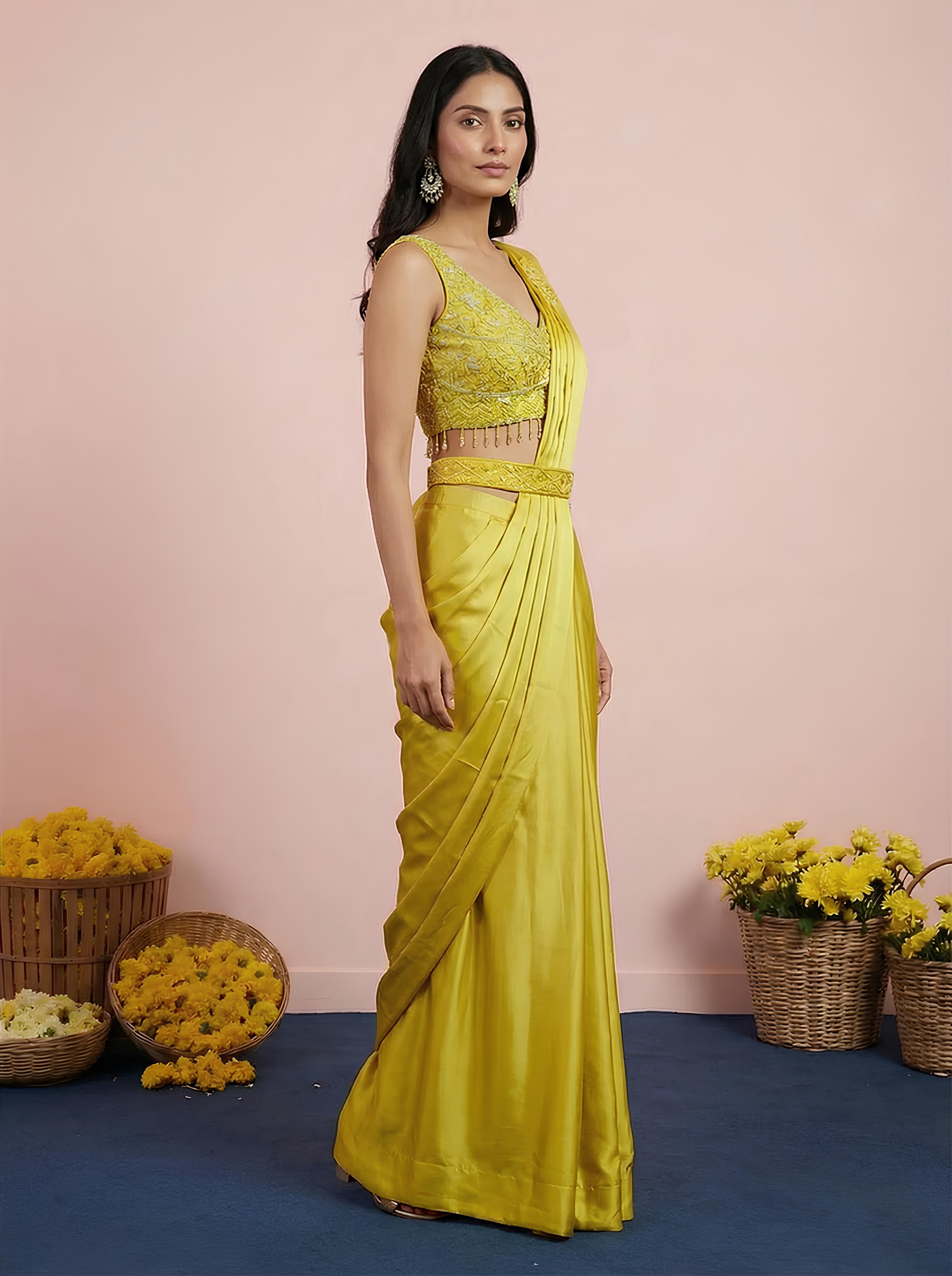 Mint Green Satin Embroidered Drape Saree