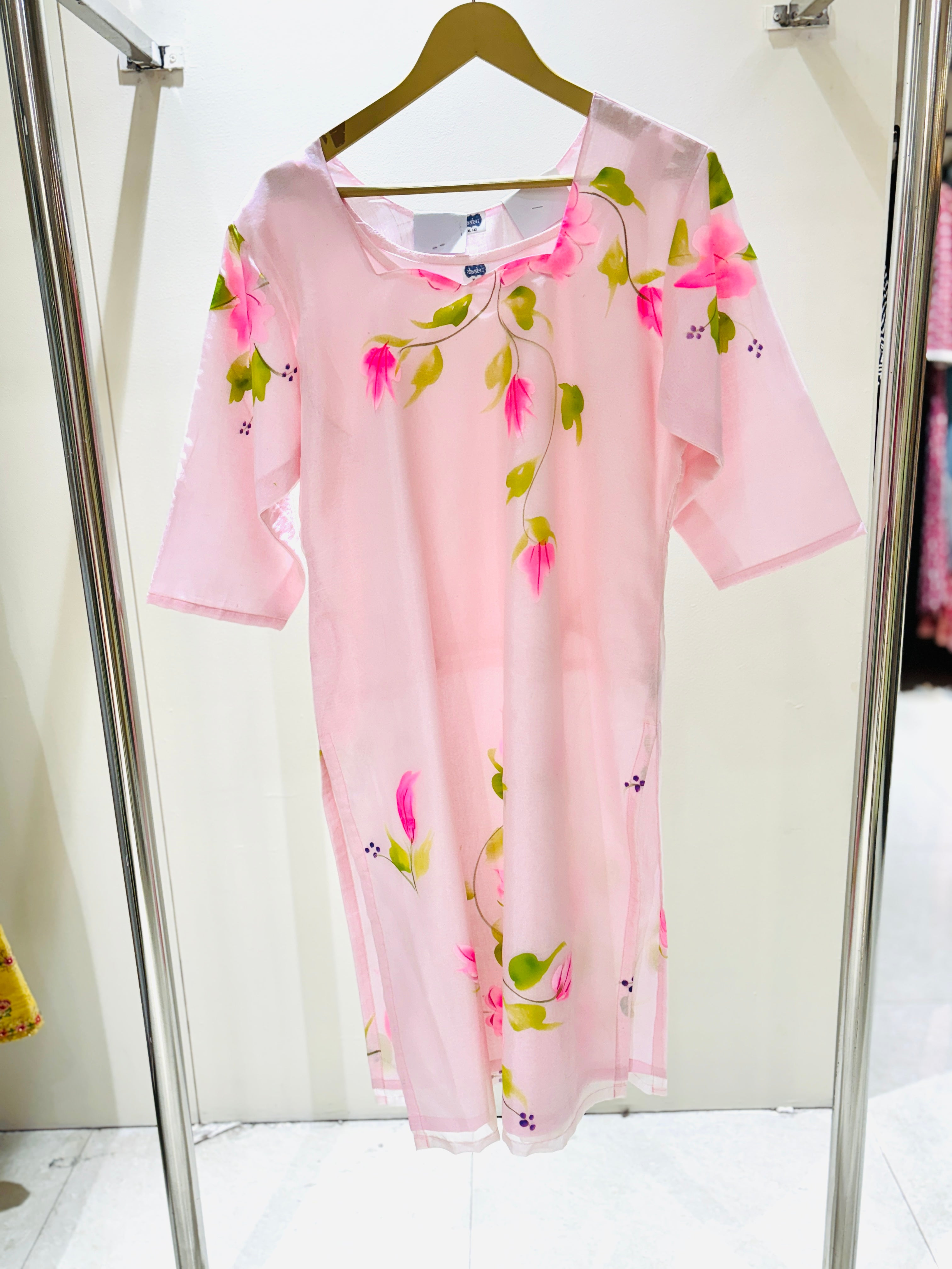 Light Pink Hand Painted Organza Kurti
