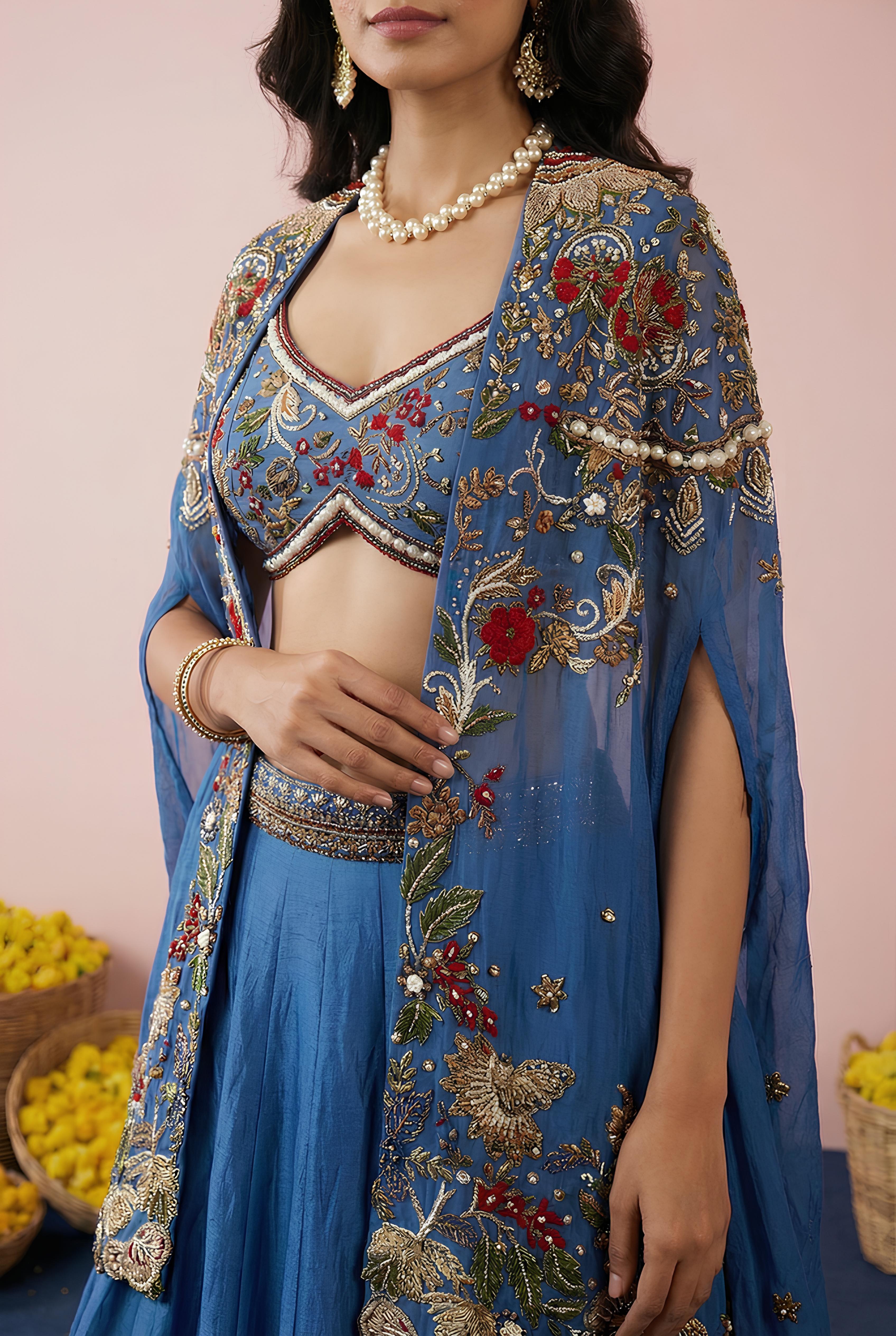 Dark Blue Raw Silk Hand Work Lehenga With Shrug