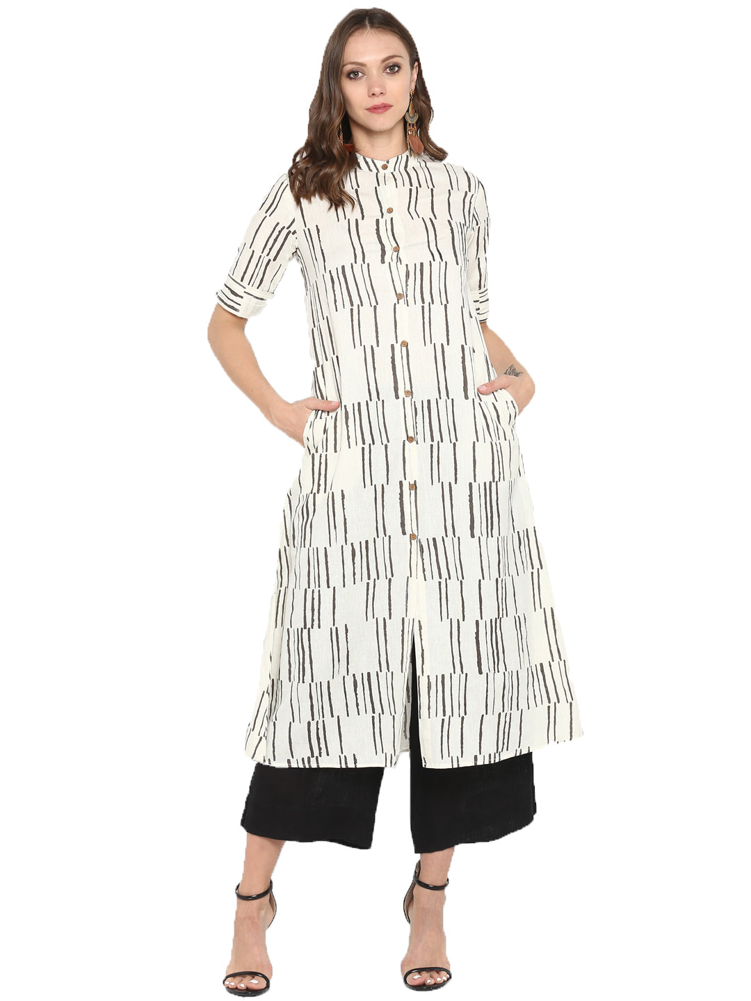 White Printed Cotton Slub Kurta