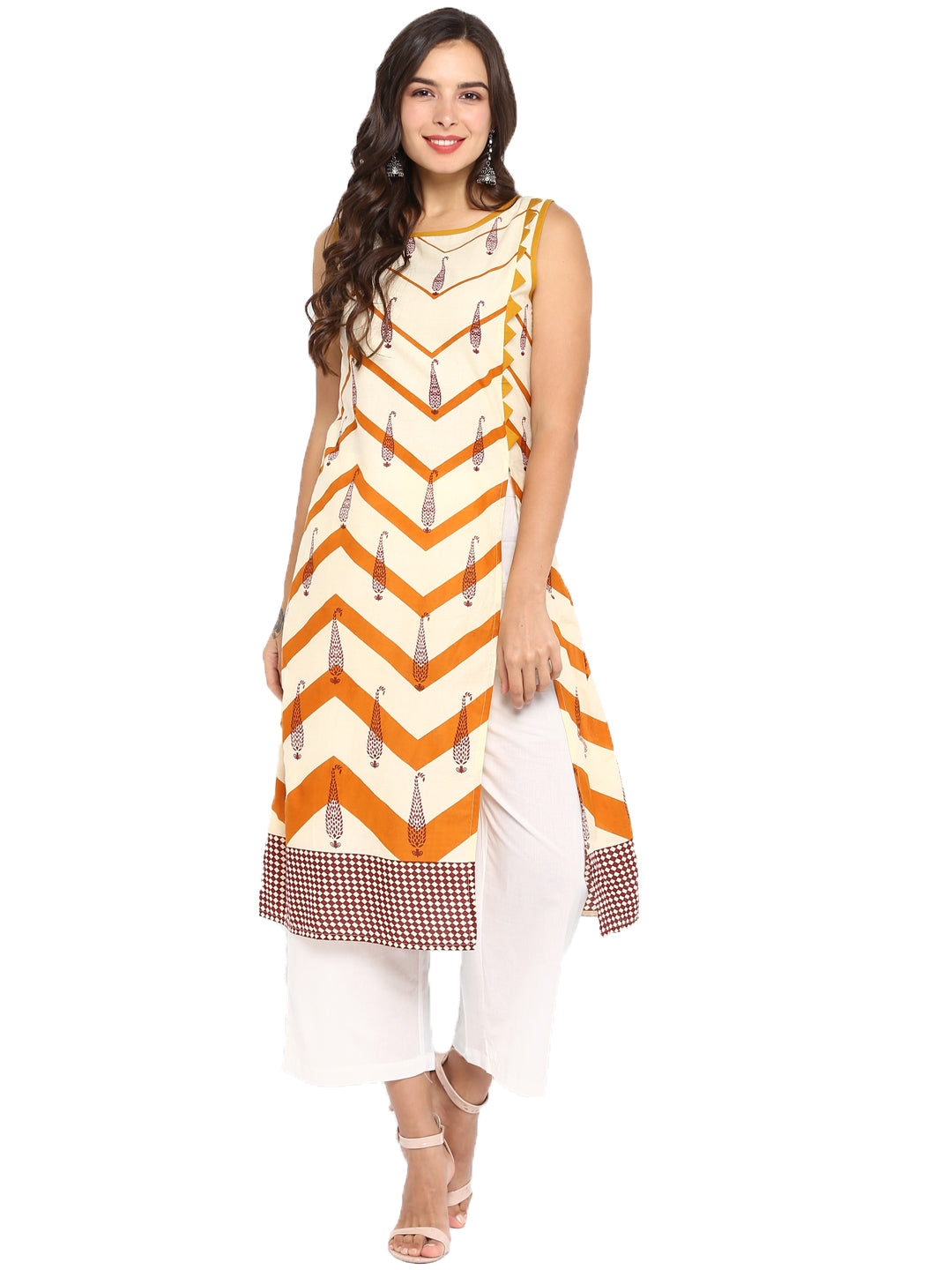 Orange & Beige Printed Cotton A-Line Kurta