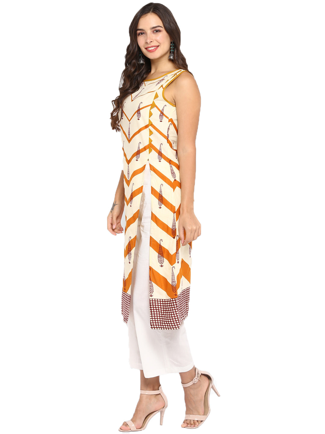 Orange & Beige Printed Cotton A-Line Kurta