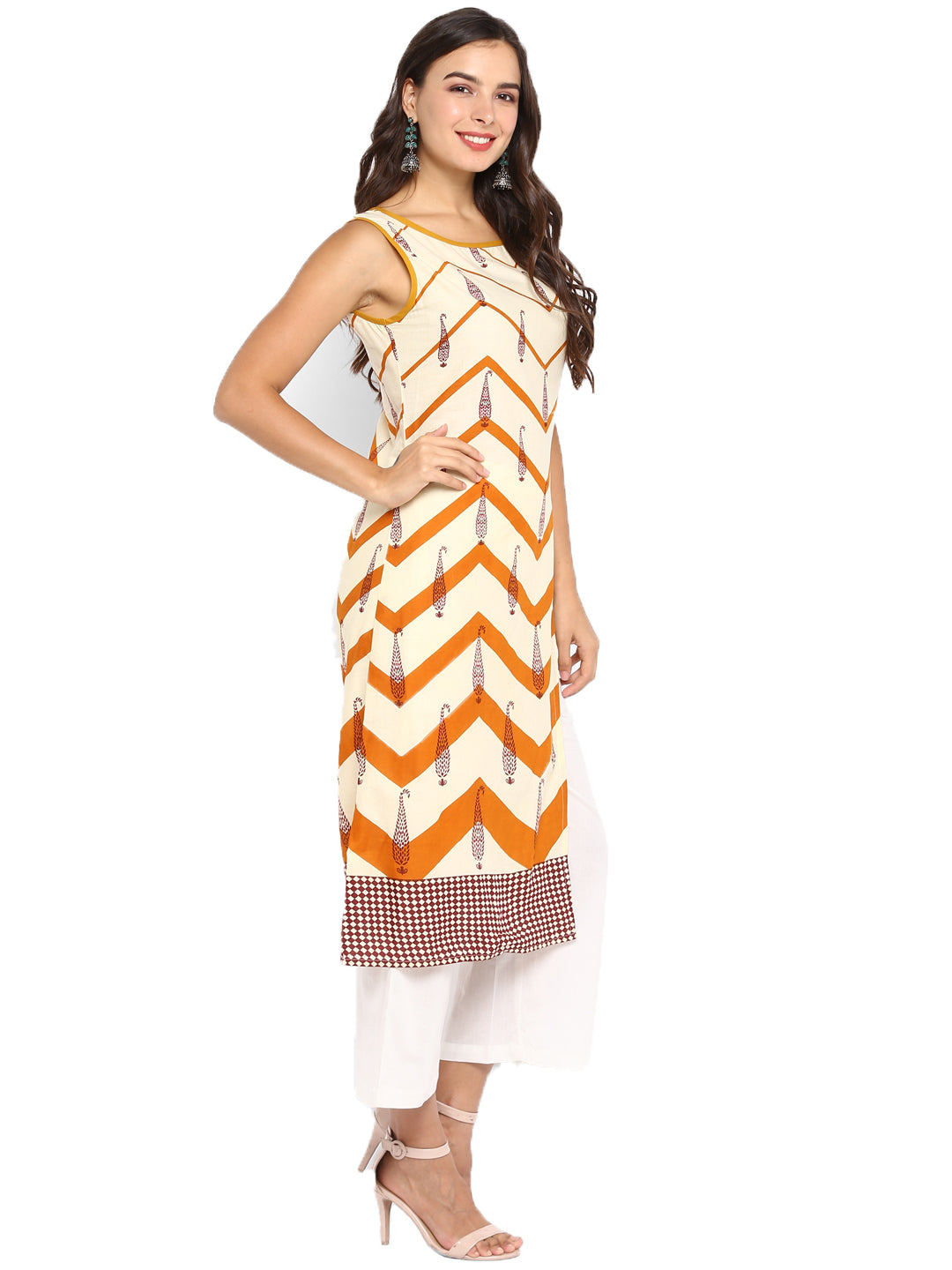 Orange & Beige Printed Cotton A-Line Kurta