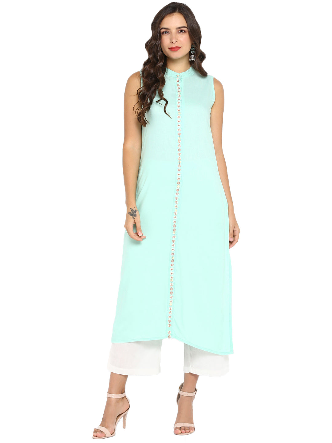 Sea Green Embroidered A-Line Kurta