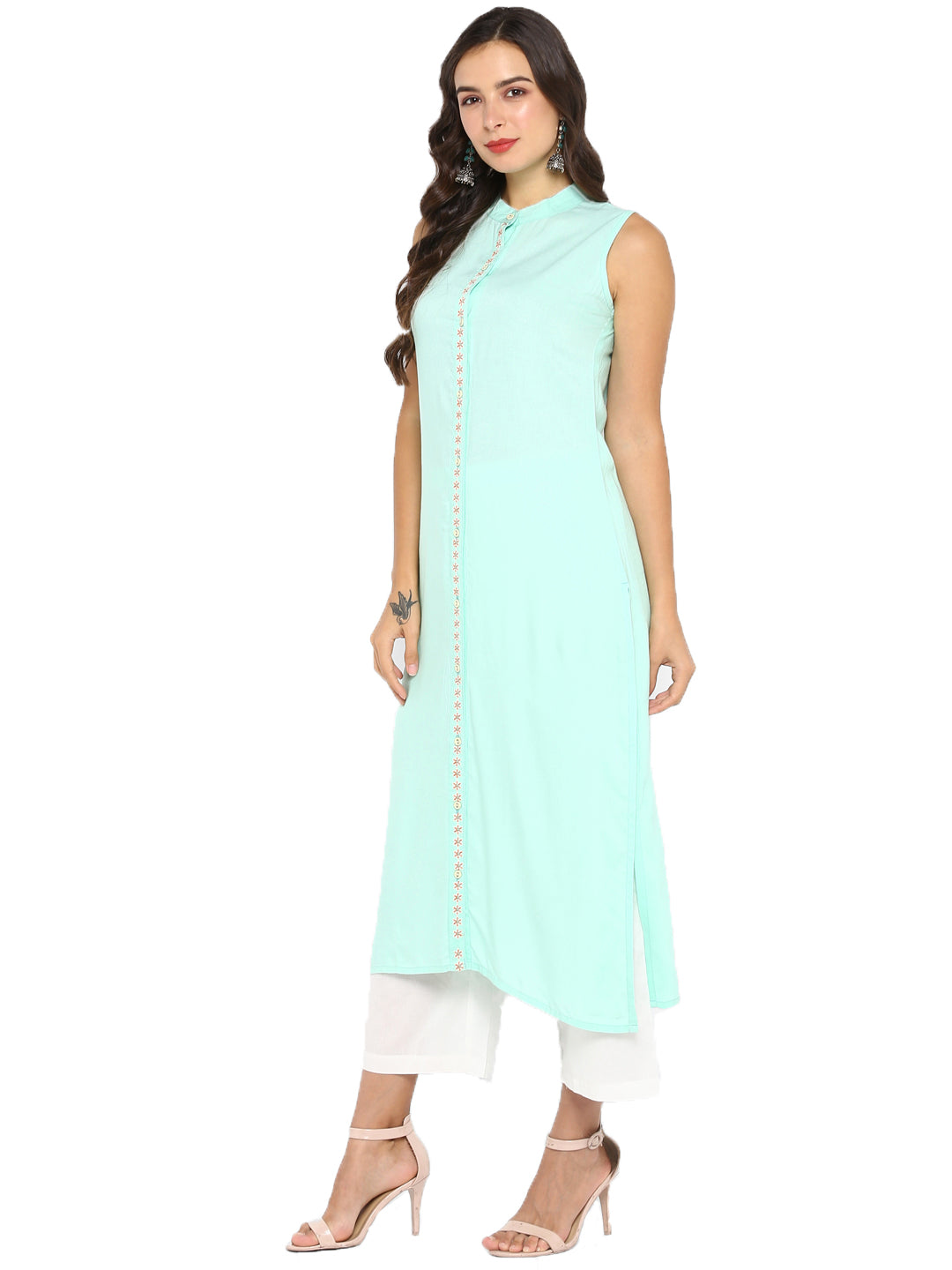 Sea Green Embroidered A-Line Kurta