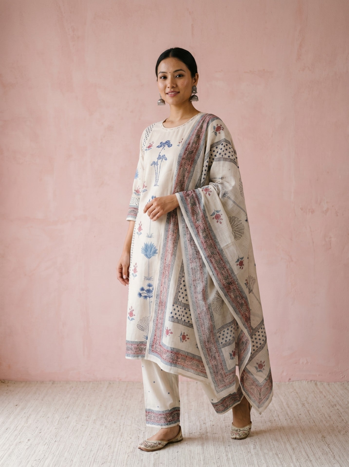 White Printed Cotton Suit Set With Dupatta