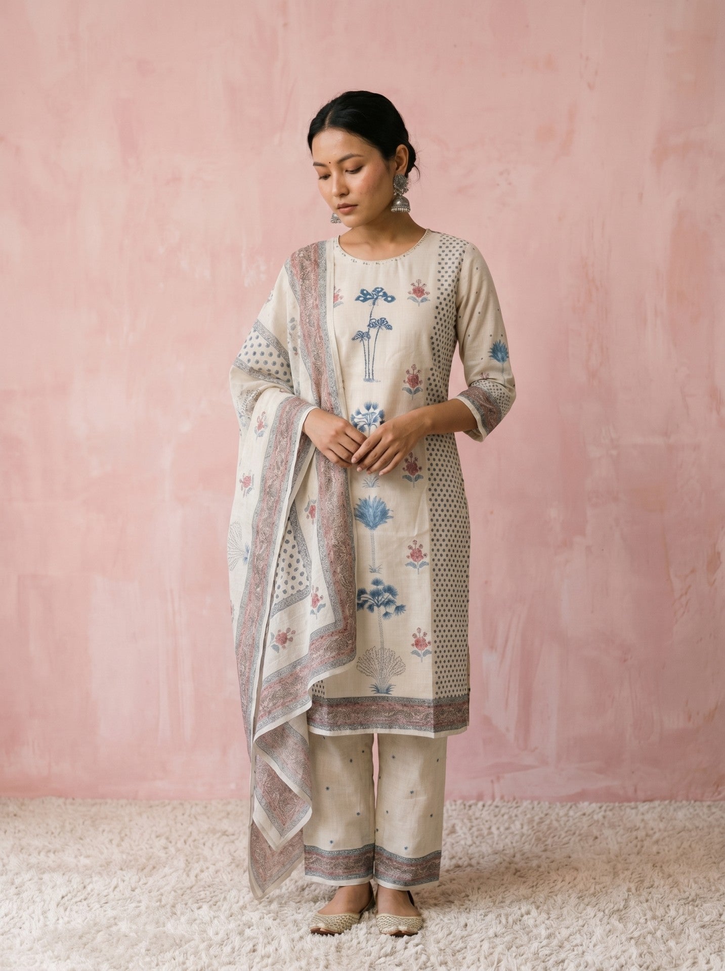 White Printed Cotton Suit Set With Dupatta