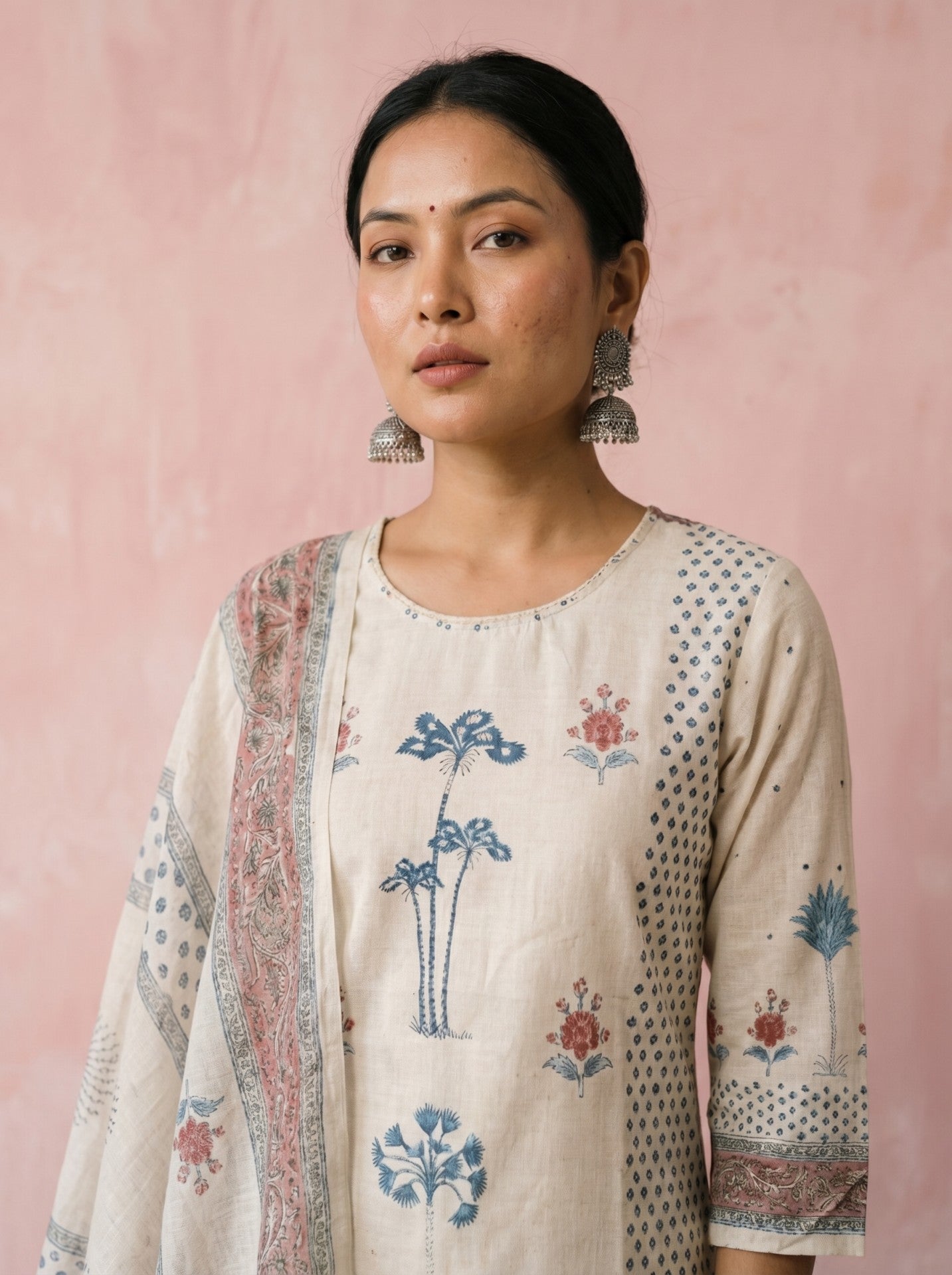 White Printed Cotton Suit Set With Dupatta