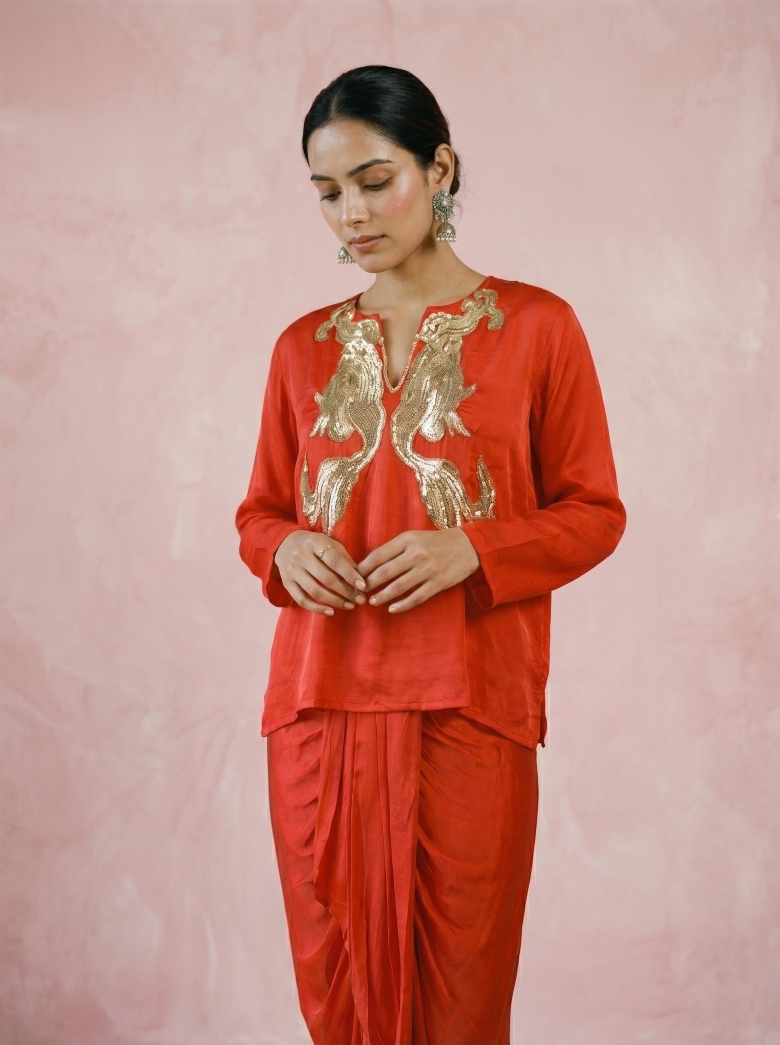Dark Red Silk Top With Drape Skirt Indowestern