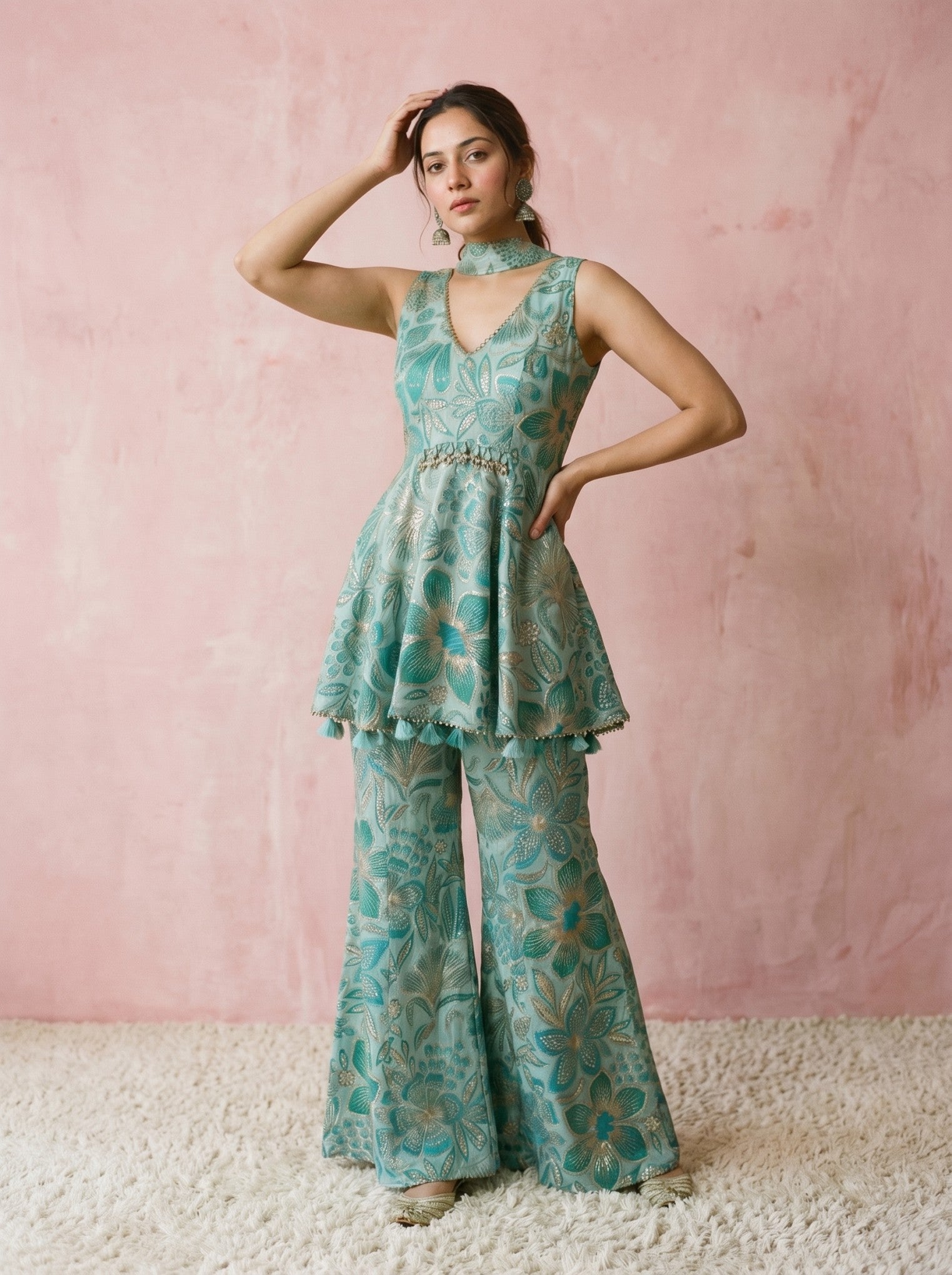 Sea Green Embroidered Sharara Suit