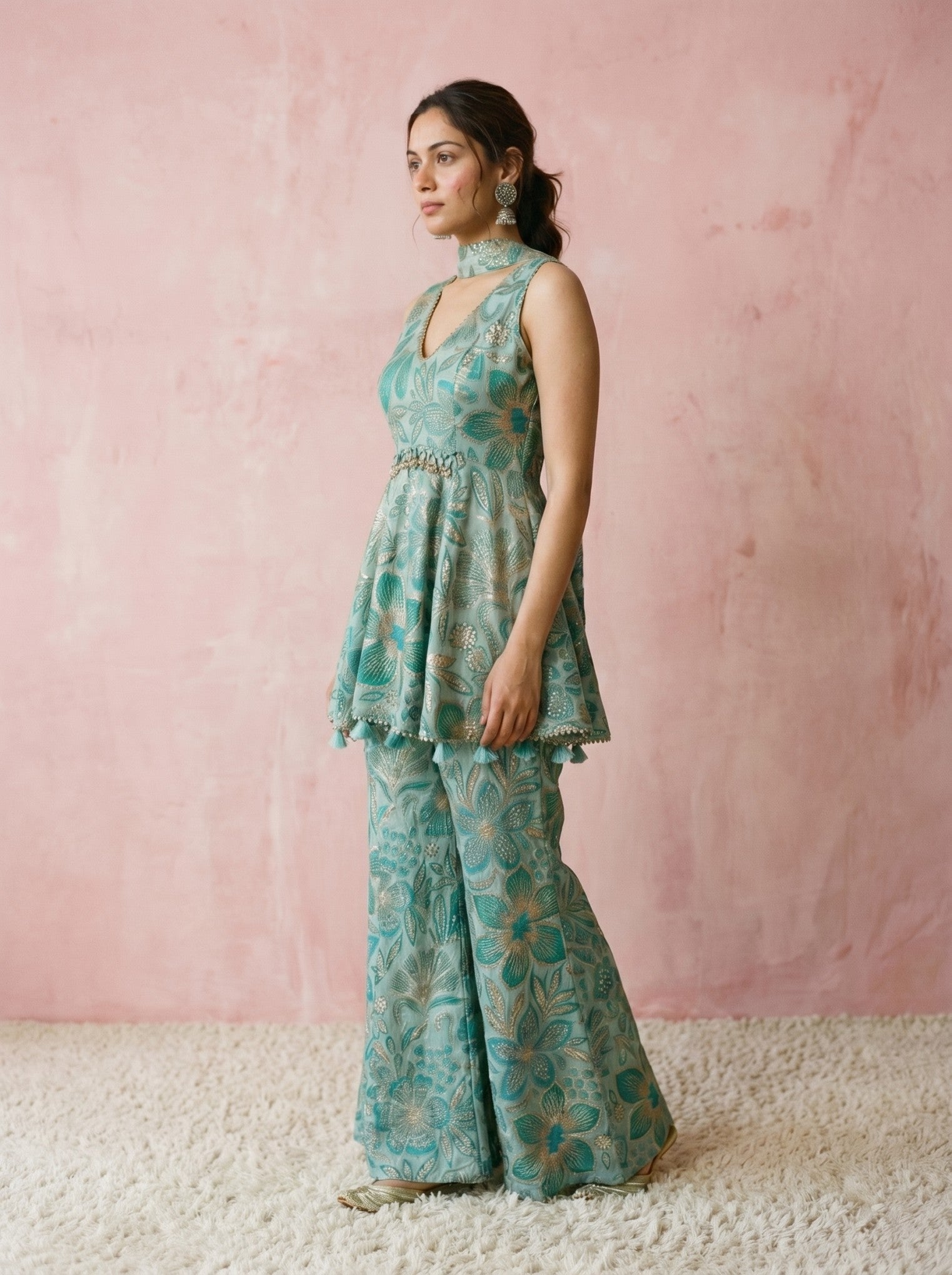 Sea Green Embroidered Sharara Suit