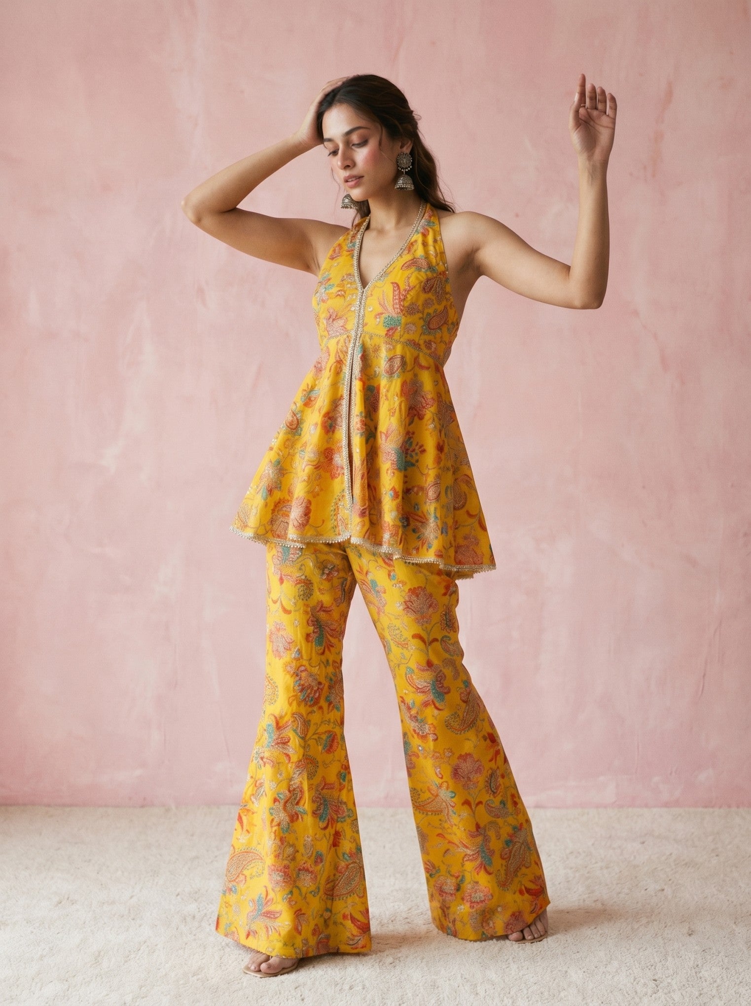 Bright Yellow Embroidered Sharara Suit