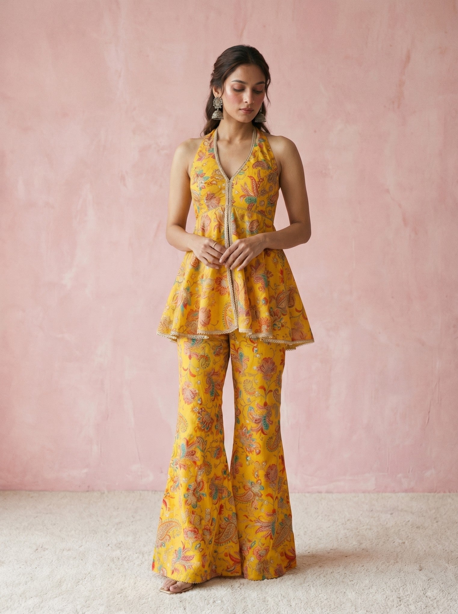 Bright Yellow Embroidered Sharara Suit