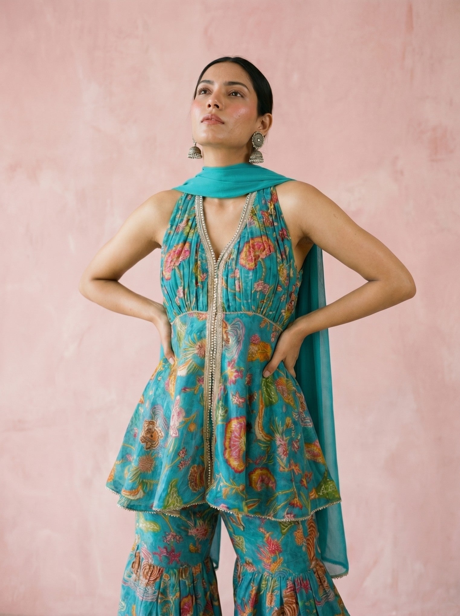 Teal Blue Embroidered Sharara Suit