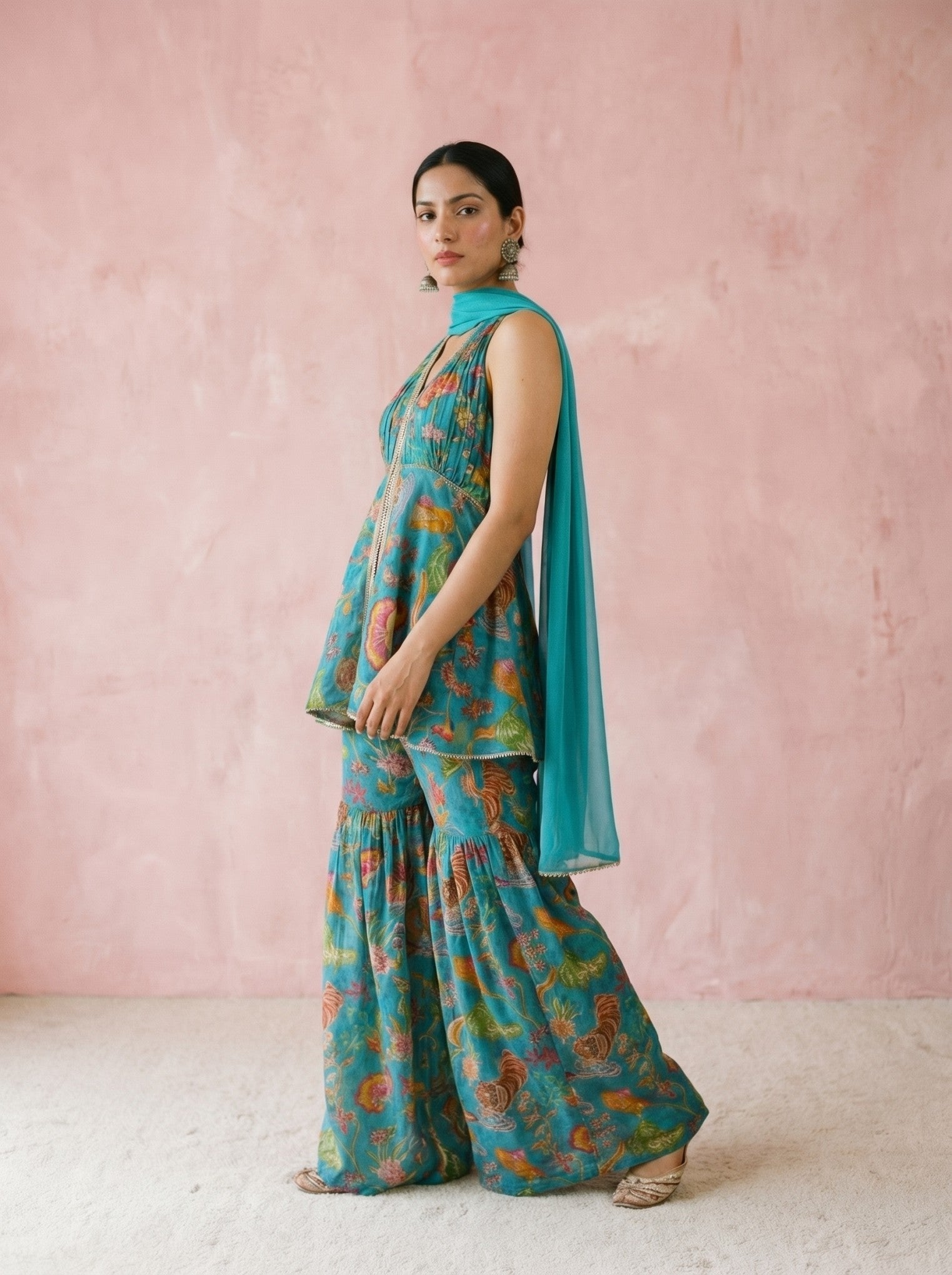 Teal Blue Embroidered Sharara Suit