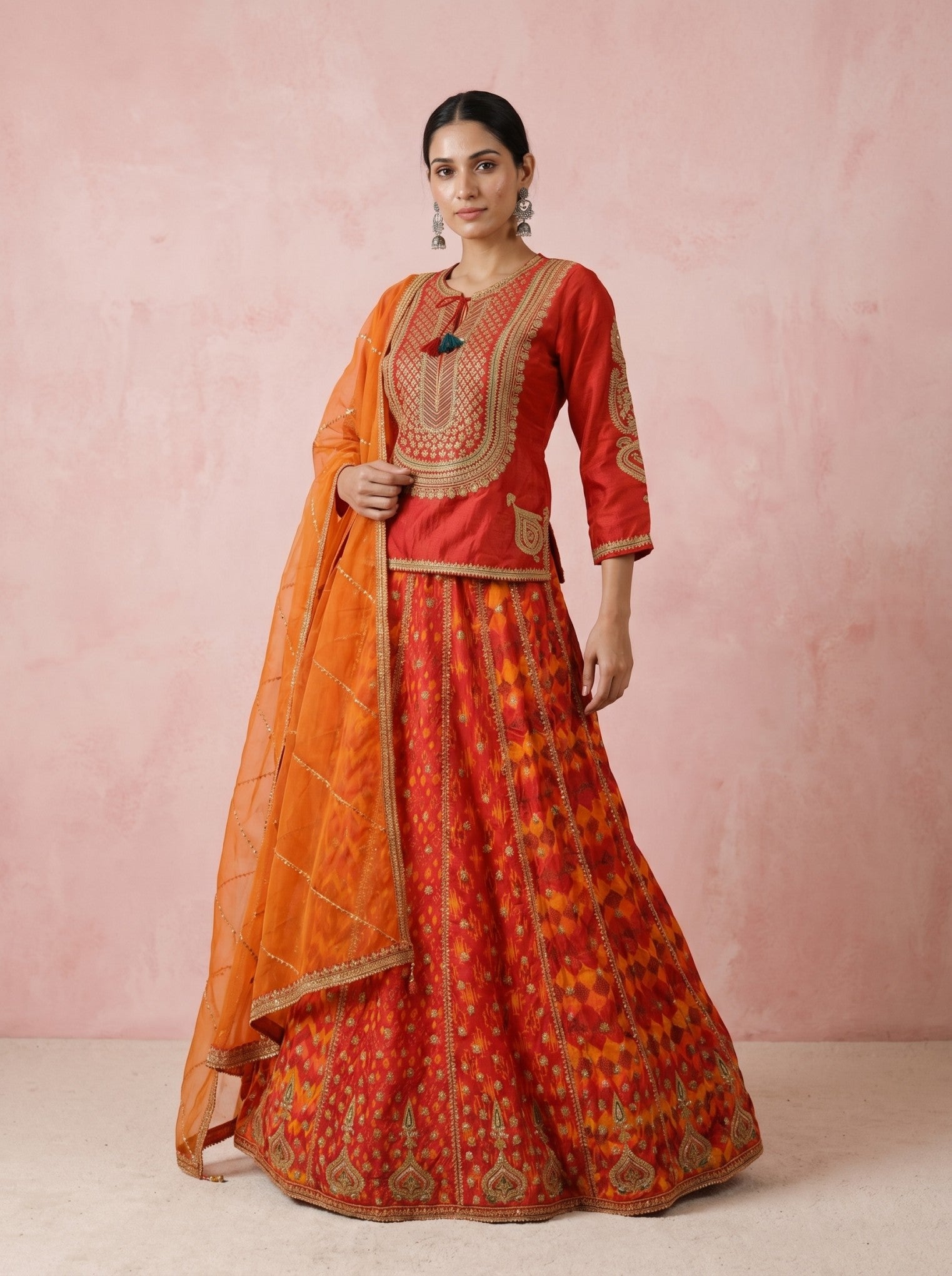 Red Silk Lehenga Set with Embroidery & Patola Lehenga