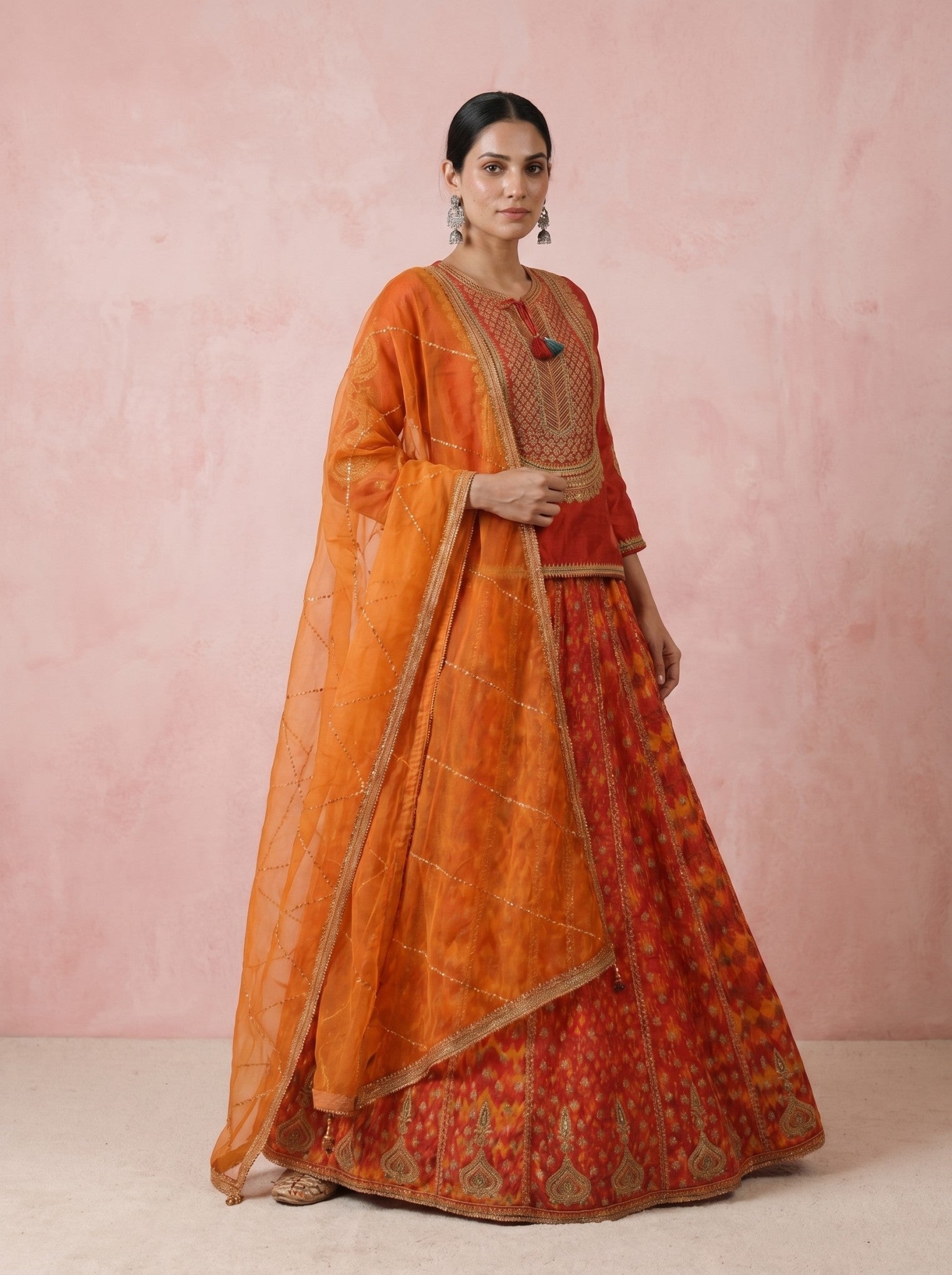 Red Silk Lehenga Set with Embroidery & Patola Lehenga