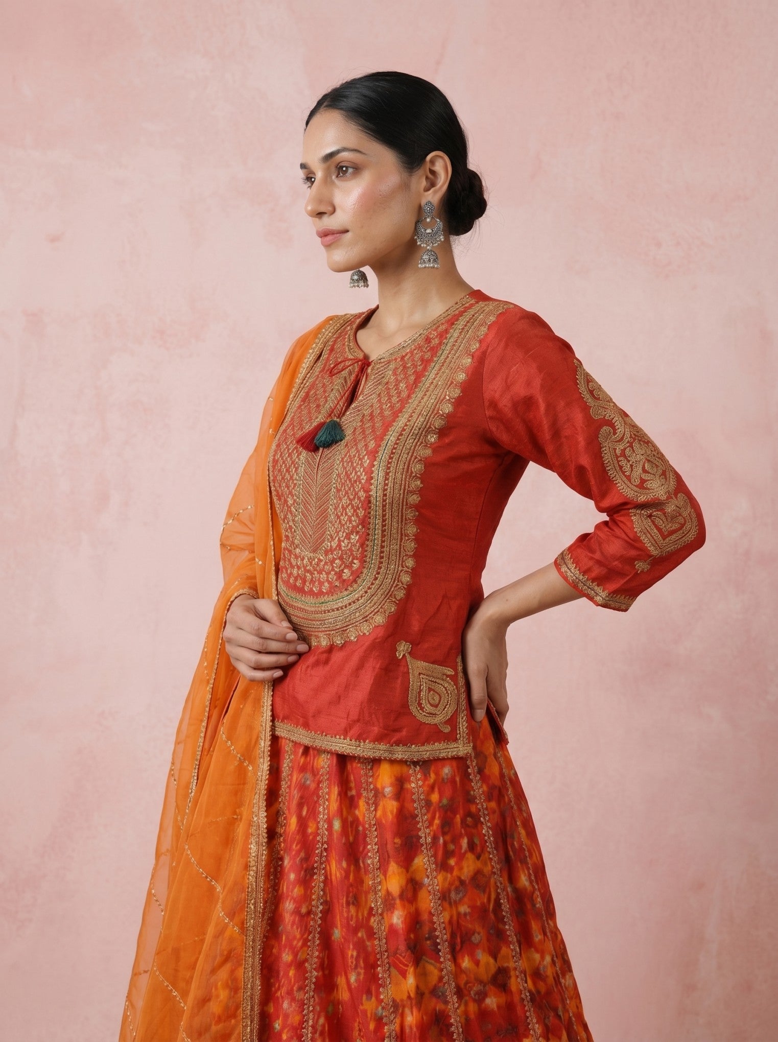 Red Silk Lehenga Set with Embroidery & Patola Lehenga