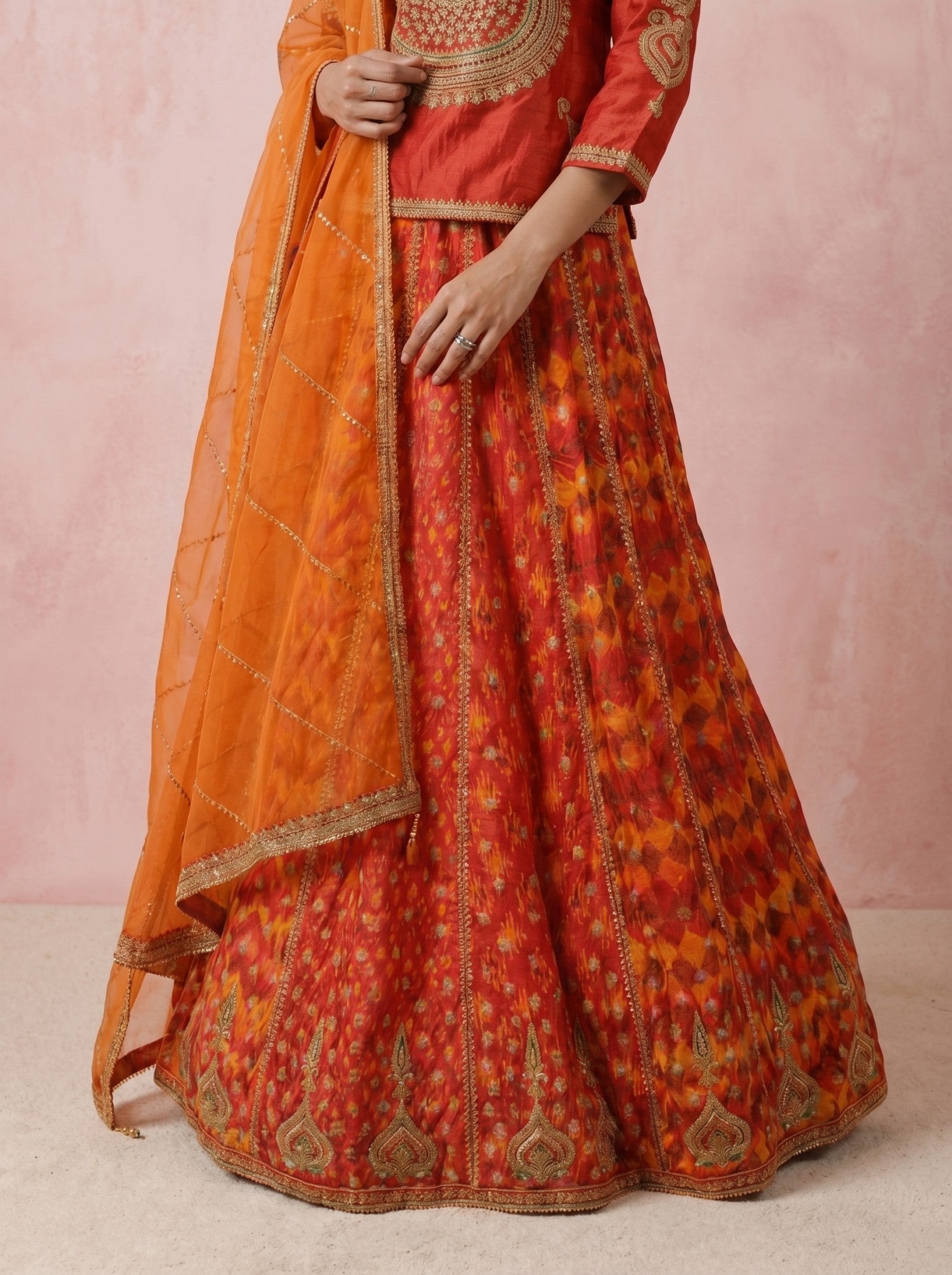 Red Silk Lehenga Set with Embroidery & Patola Lehenga